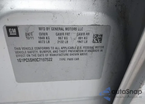 2012 Chevrolet Cruze Ls z USA, uszkodzony, nr VIN 1G1PC5SH0C7197522